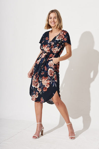 Billie Dress in Navy with Rust Floral ...